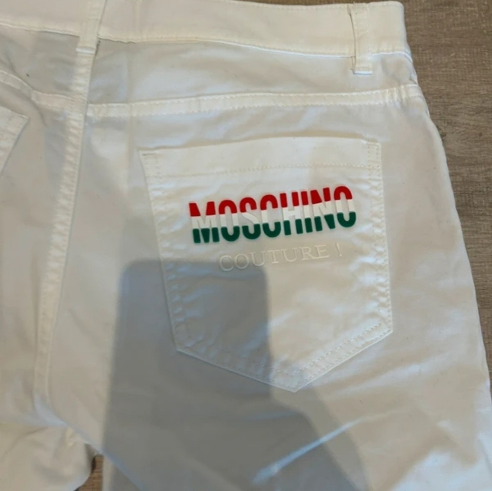 Moschino White Jean Pants with Tricolor Logo On Back Pocket